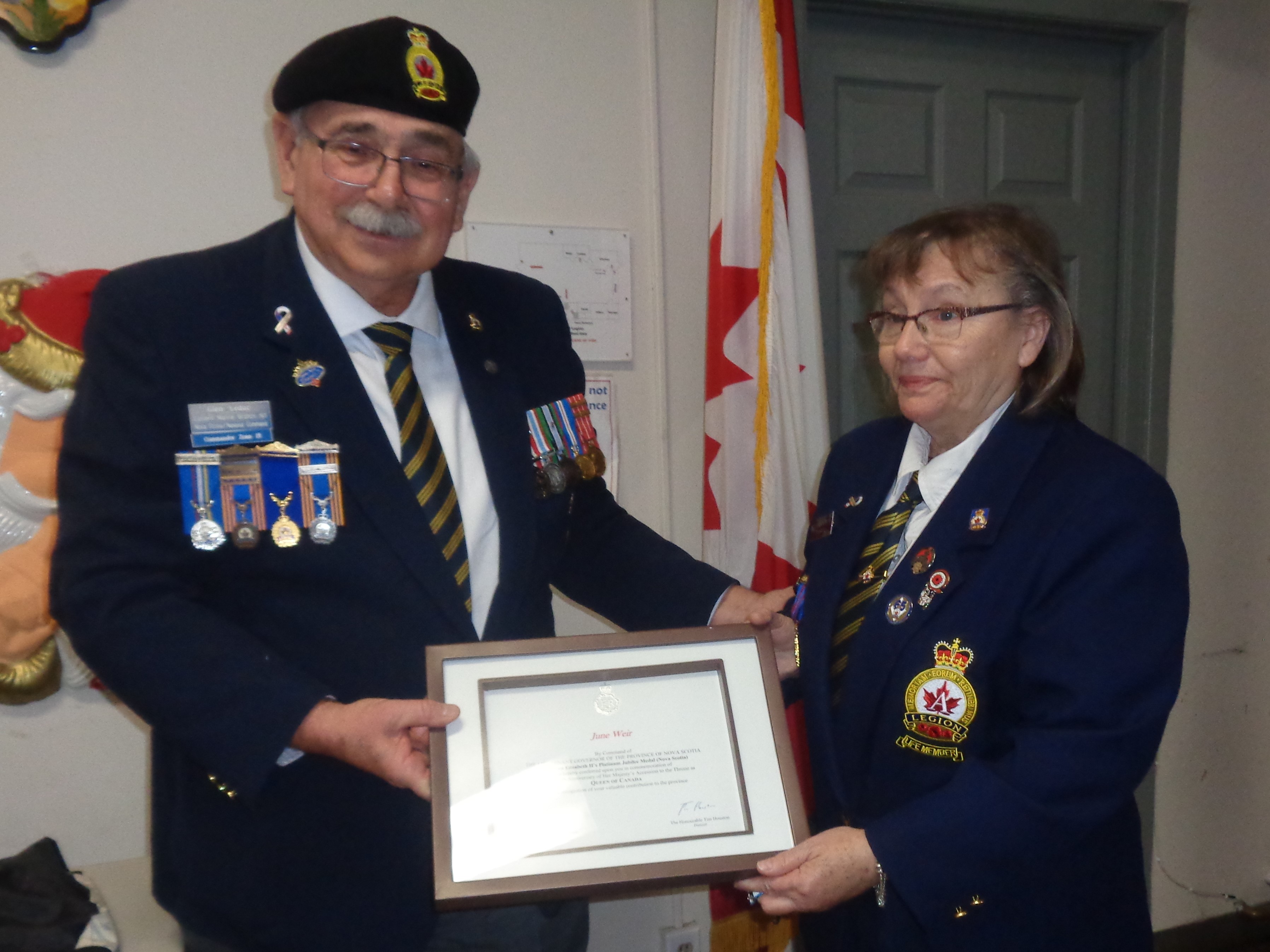 Zone 15 Commander Glen Leduc presented the Bedford Br. 95 award of the Queen’s Platinum Jubilee medal to Treasurer June Weir following the Dec 12, 2022 Branch elections
