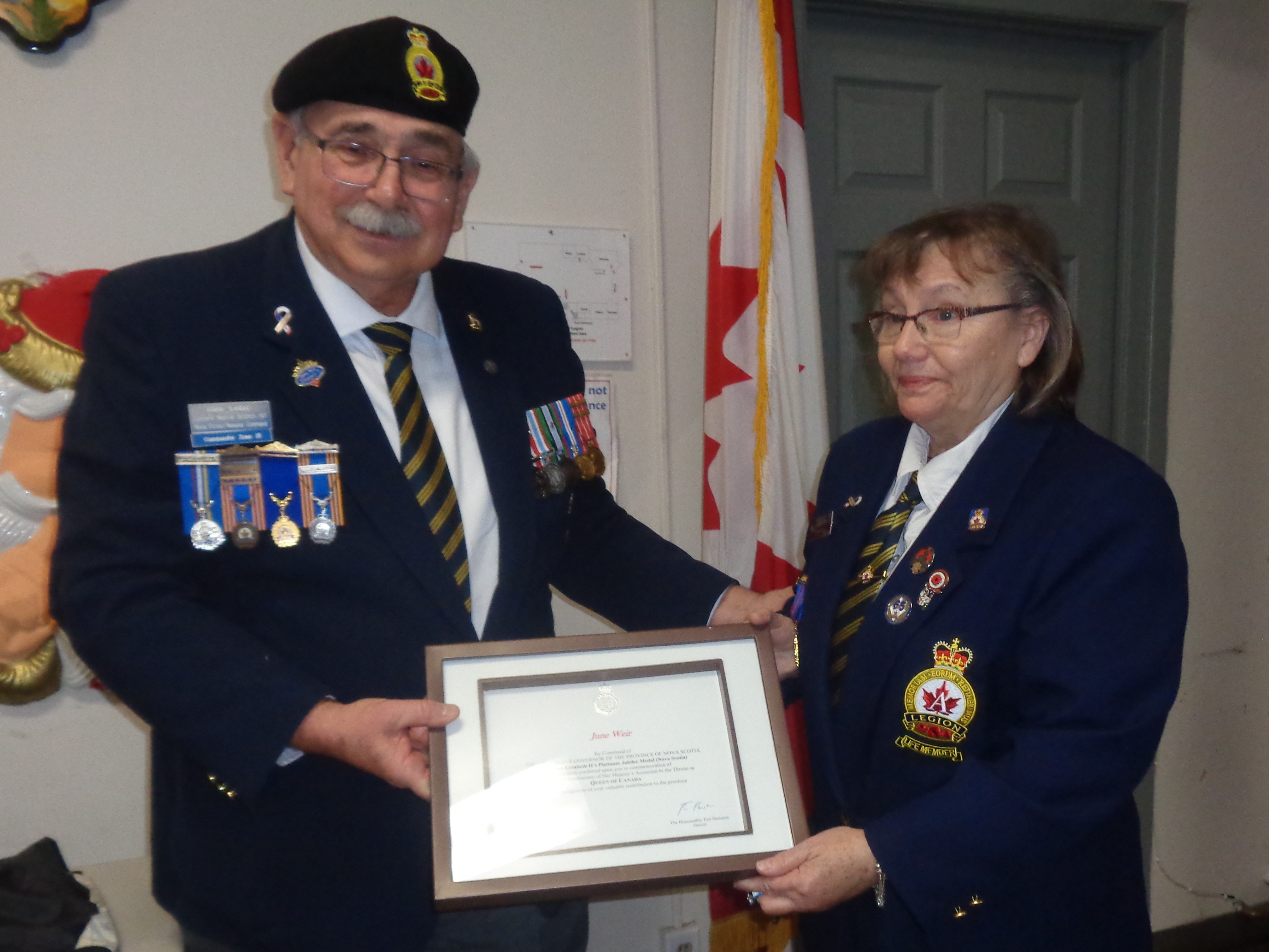 Zone 15 Commander Glen Leduc presented the Bedford Br. 95 award of the Queen’s Platinum Jubilee medal to Treasurer June Weir following the Dec 12, 2022 Branch elections